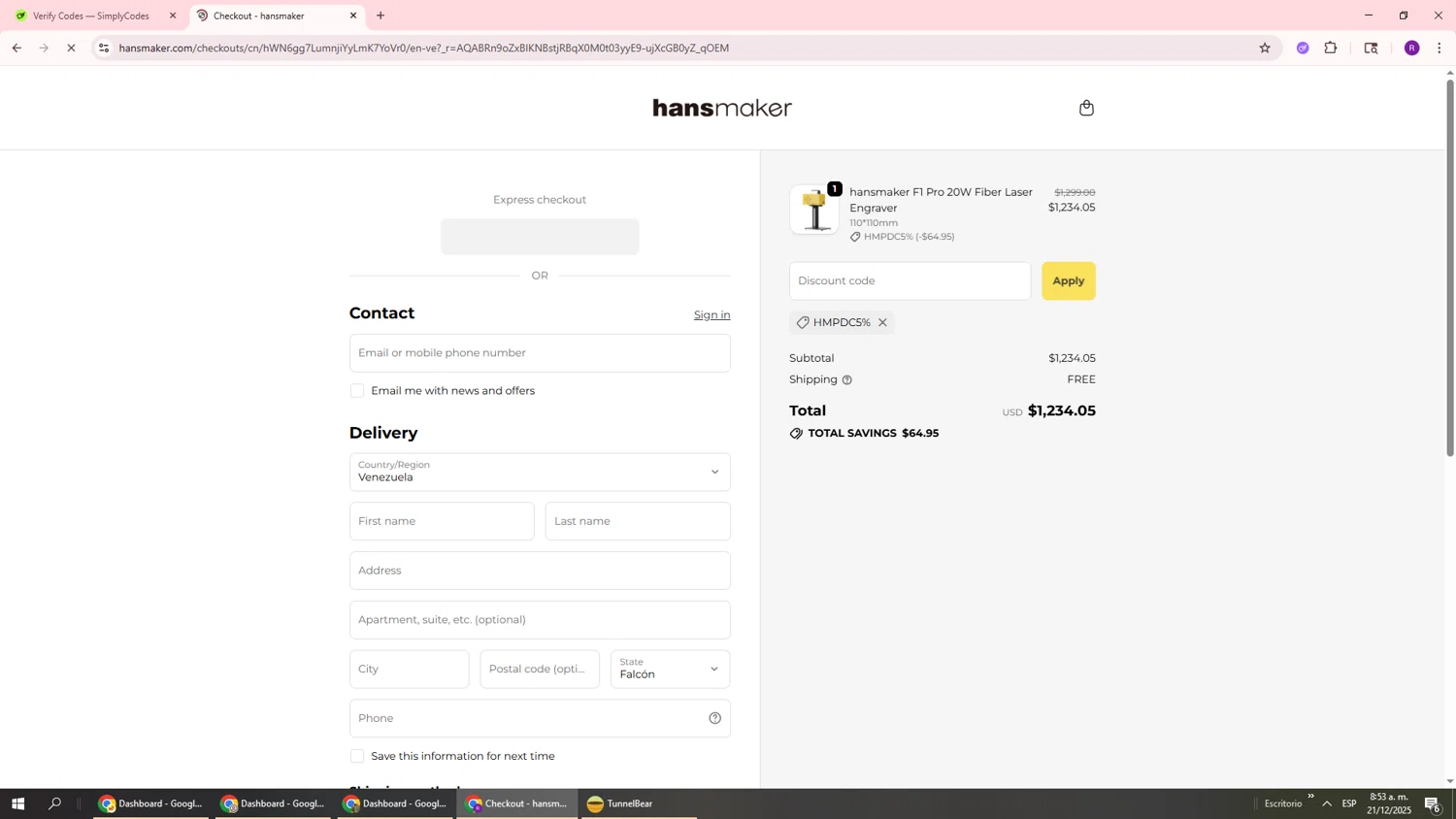 hansmaker promo code screenshot showing code HMPDC5% applied at hansmaker checkout page. Uploaded by SimplyCodes community member ukemochi on Dec 21, 2025