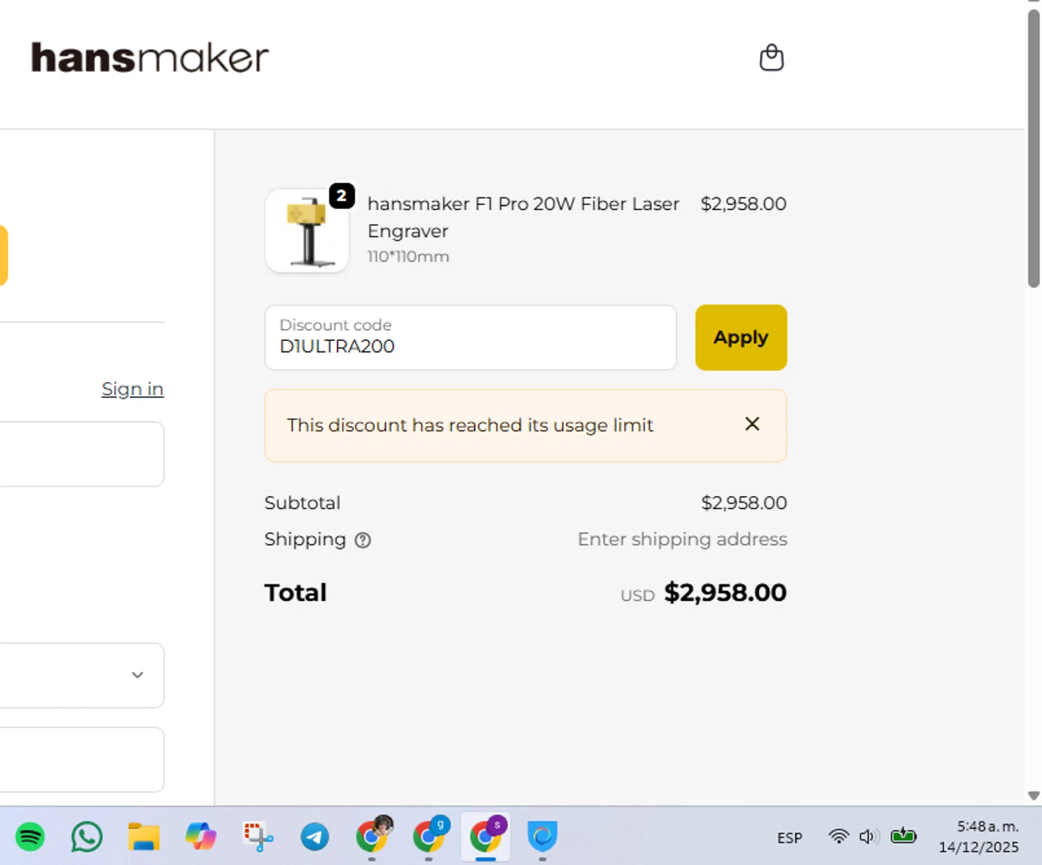 hansmaker promo code screenshot showing code D1ULTRA200 applied at hansmaker checkout page. Uploaded by SimplyCodes community member Lamadama on Dec 14, 2025