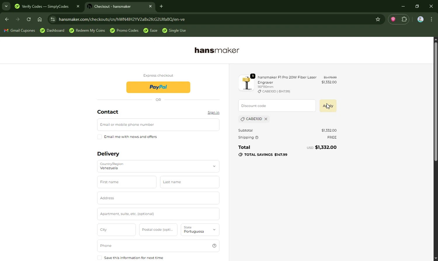 hansmaker promo code screenshot showing code CABE10D applied at hansmaker checkout page. Uploaded by SimplyCodes community member LHaunter2 on Oct 31, 2025