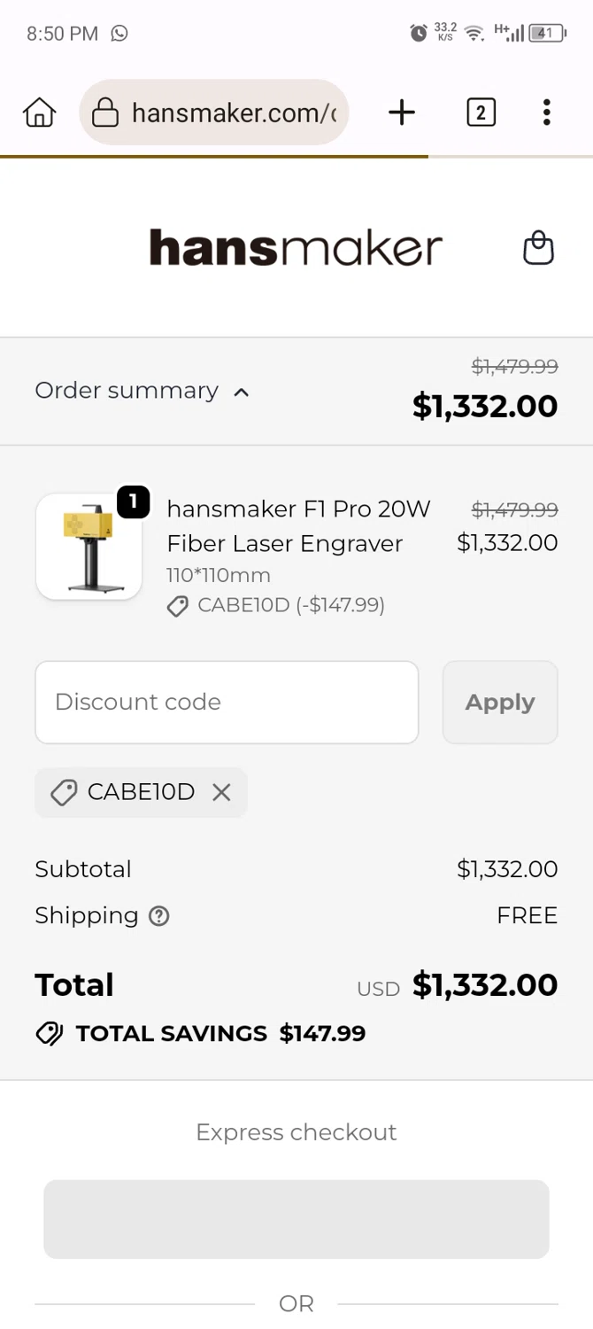 hansmaker promo code screenshot showing code CABE10D applied at hansmaker checkout page. Uploaded by SimplyCodes community member MRDEAL on Oct 3, 2025