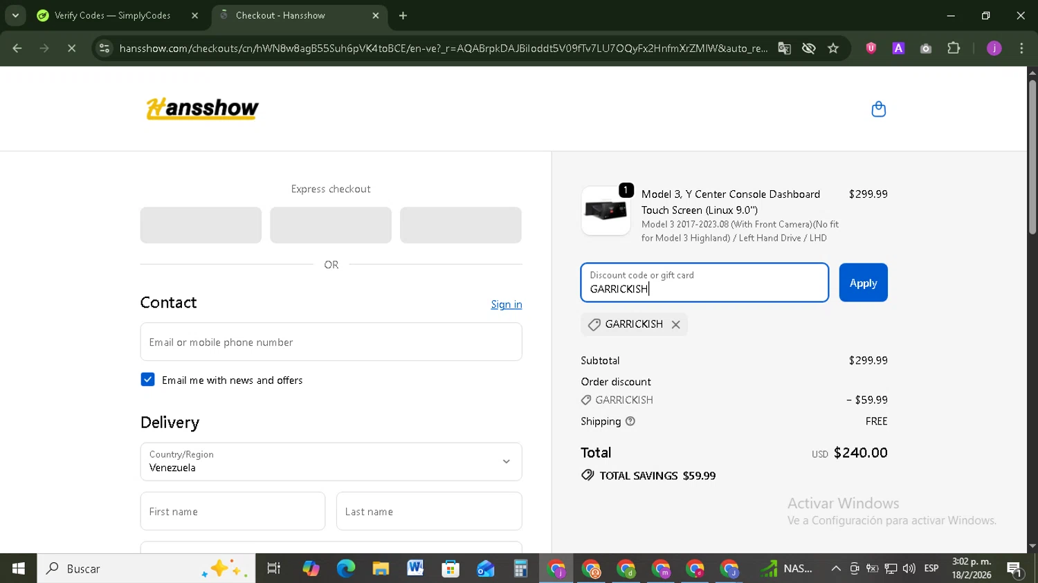 Hansshow Auto Parts promo code screenshot showing code GARRICKISH applied at Hansshow Auto Parts checkout page. Uploaded by SimplyCodes community member Tazbravo on Feb 18, 2026