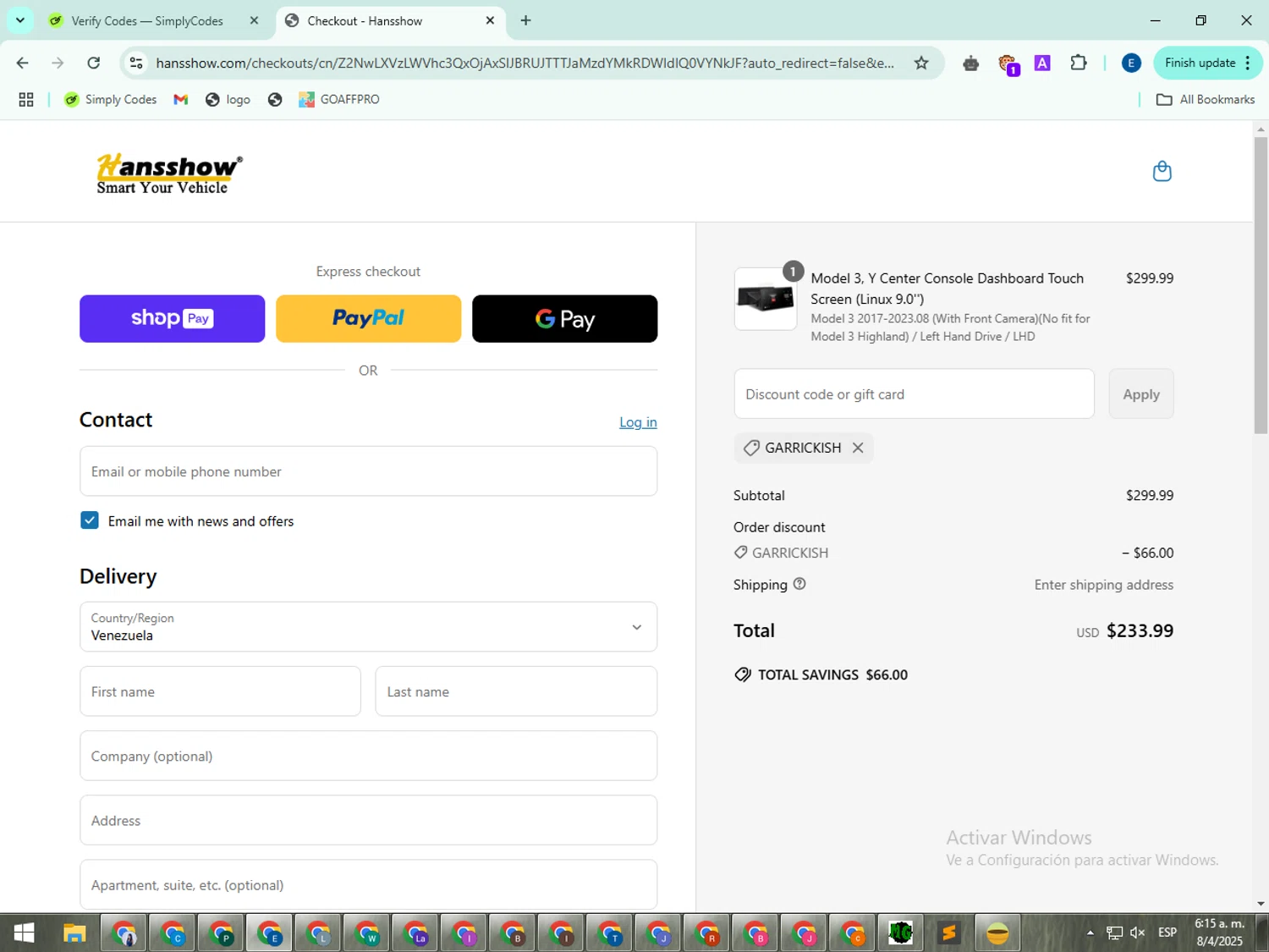 Hansshow Auto Parts promo code screenshot showing code GARRICKISH applied at Hansshow Auto Parts checkout page. Uploaded by SimplyCodes community member GloriousSentinel2997 on Apr 8, 2025
