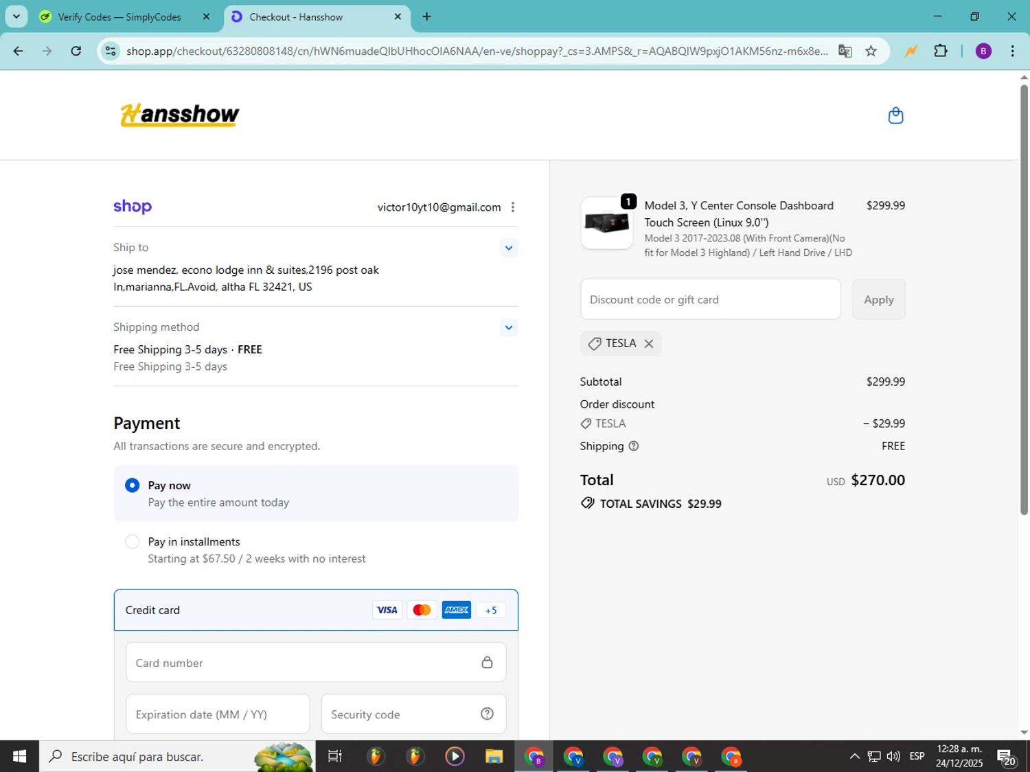 Hansshow Auto Parts promo code screenshot showing code TESLA applied at Hansshow Auto Parts checkout page. Uploaded by SimplyCodes community member Soyvictor on Dec 24, 2025