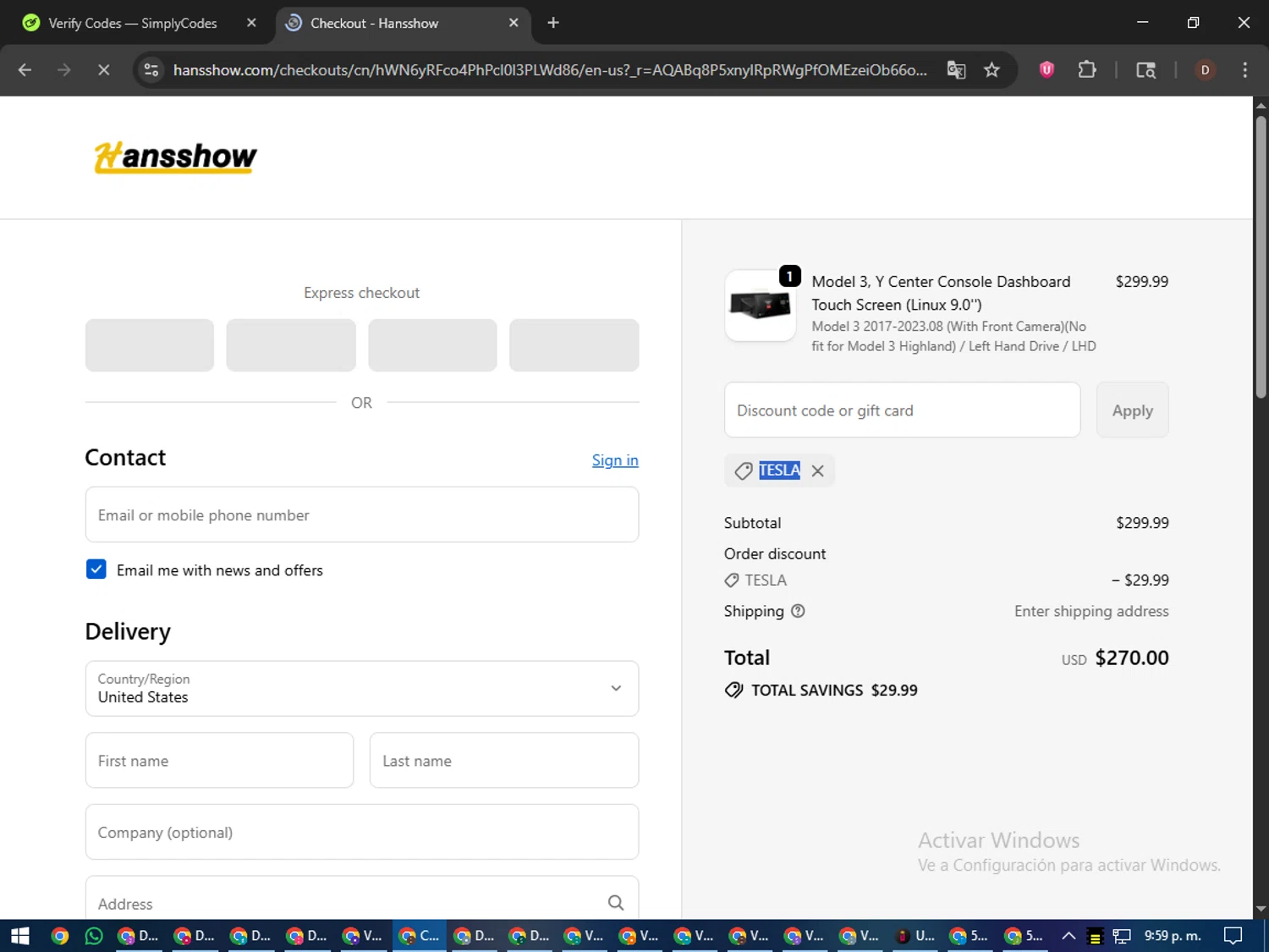 Hansshow Auto Parts promo code screenshot showing code TESLA applied at Hansshow Auto Parts checkout page. Uploaded by SimplyCodes community member liltecca on Dec 29, 2025