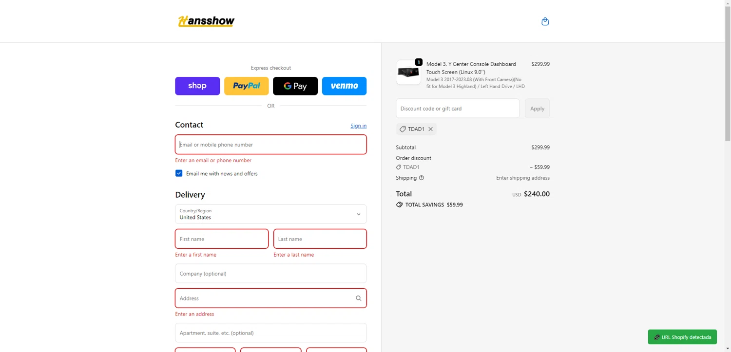 Hansshow Auto Parts promo code screenshot showing code TDAD1 applied at Hansshow Auto Parts checkout page. Uploaded by SimplyCodes community member DiscountWarden480 on Dec 29, 2025