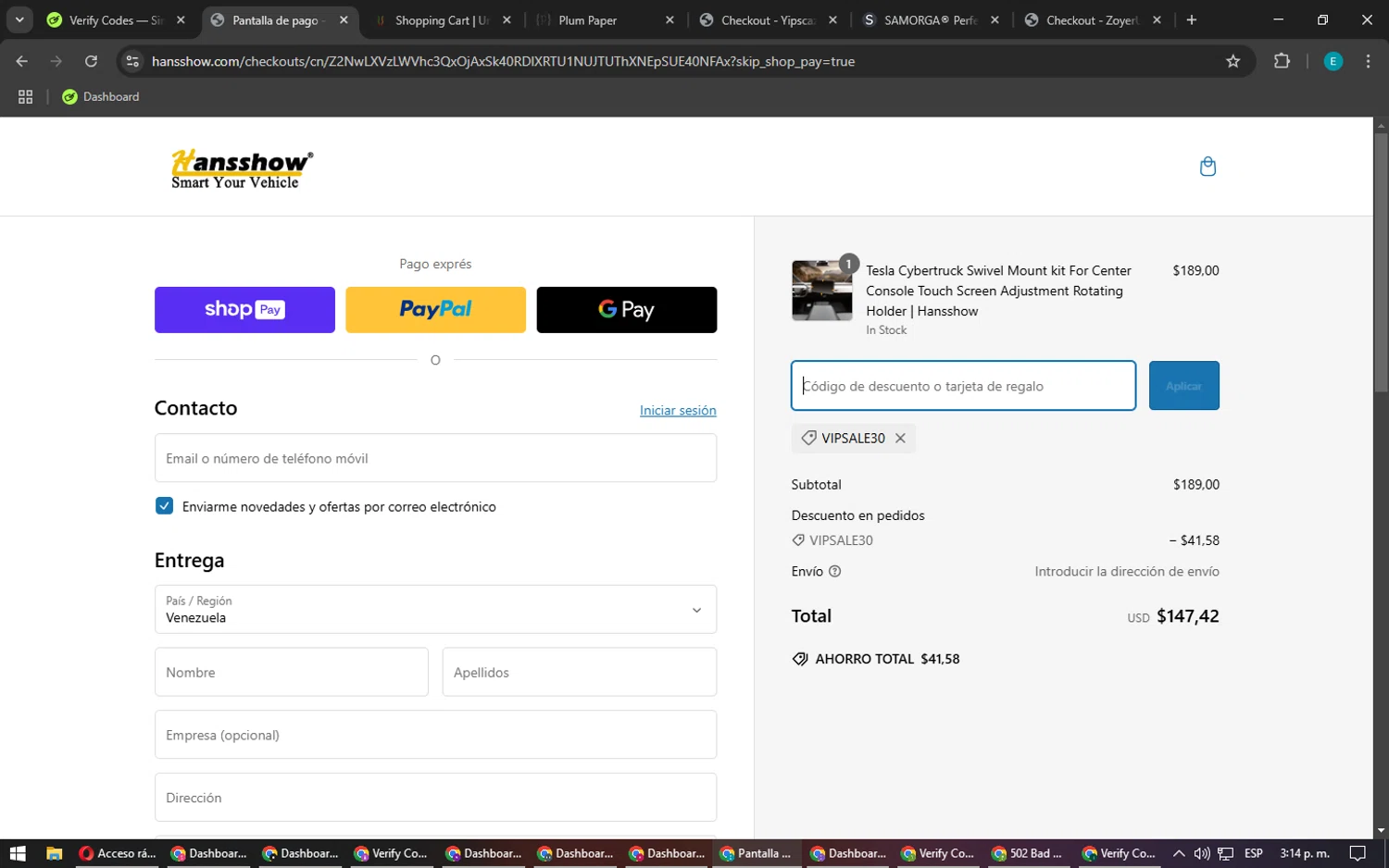 Hansshow Auto Parts promo code screenshot showing code VIPSALE30 applied at Hansshow Auto Parts checkout page. Uploaded by SimplyCodes community member MightyFox1680 on Feb 27, 2025