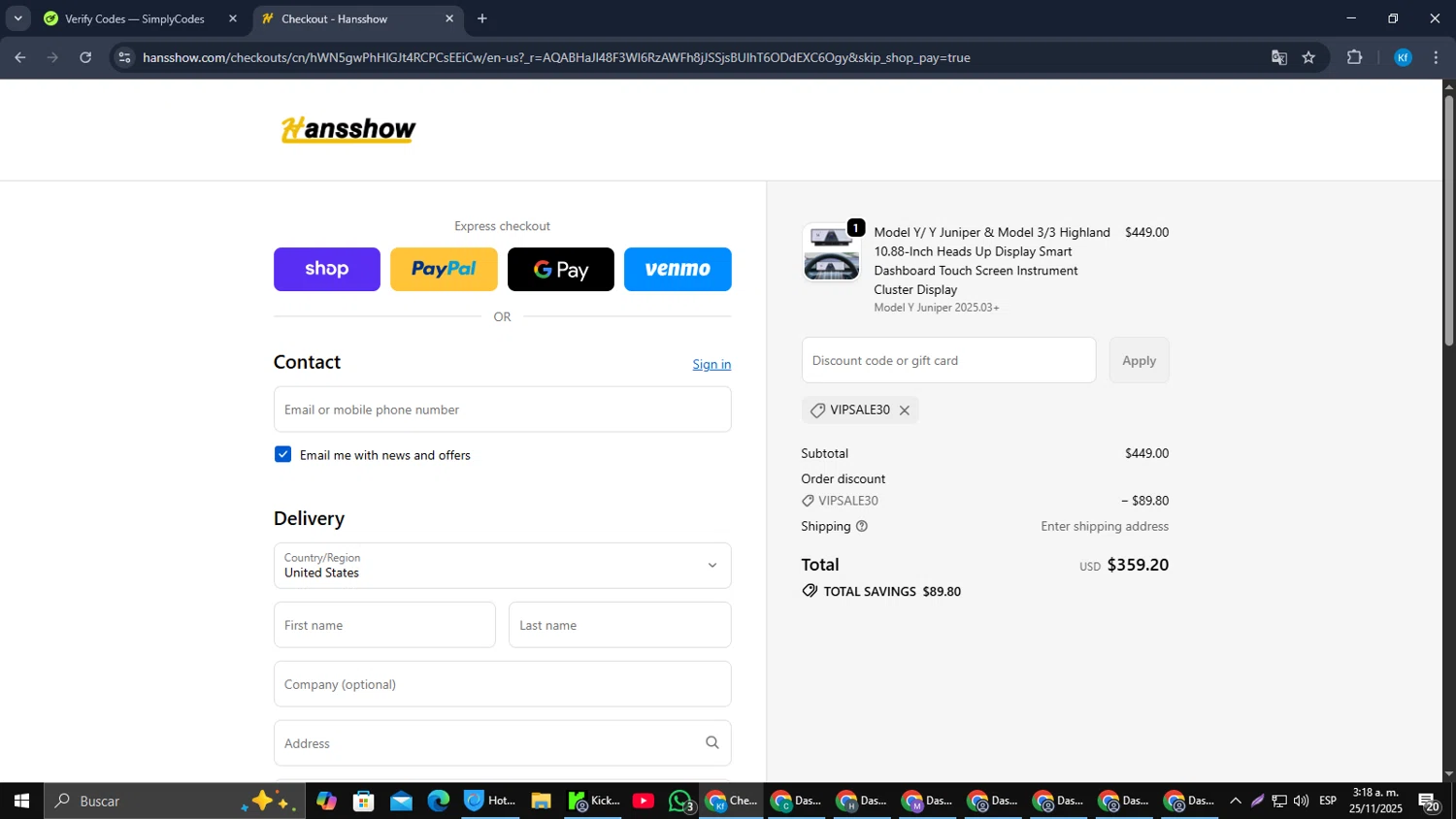 Hansshow Auto Parts promo code screenshot showing code VIPSALE30 applied at Hansshow Auto Parts checkout page. Uploaded by SimplyCodes community member jorgeyahoo on Nov 25, 2025