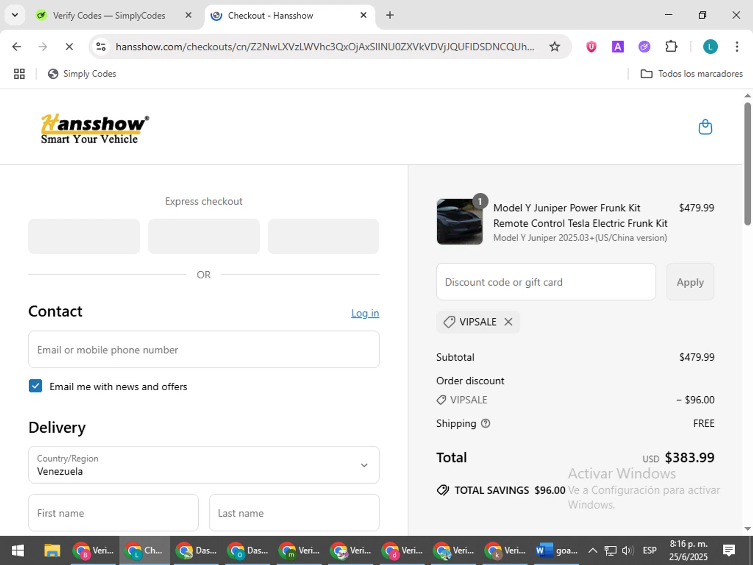 Hansshow Auto Parts promo code screenshot showing code VIPSALE applied at Hansshow Auto Parts checkout page. Uploaded by SimplyCodes community member LuckyLegend792 on Jun 26, 2025