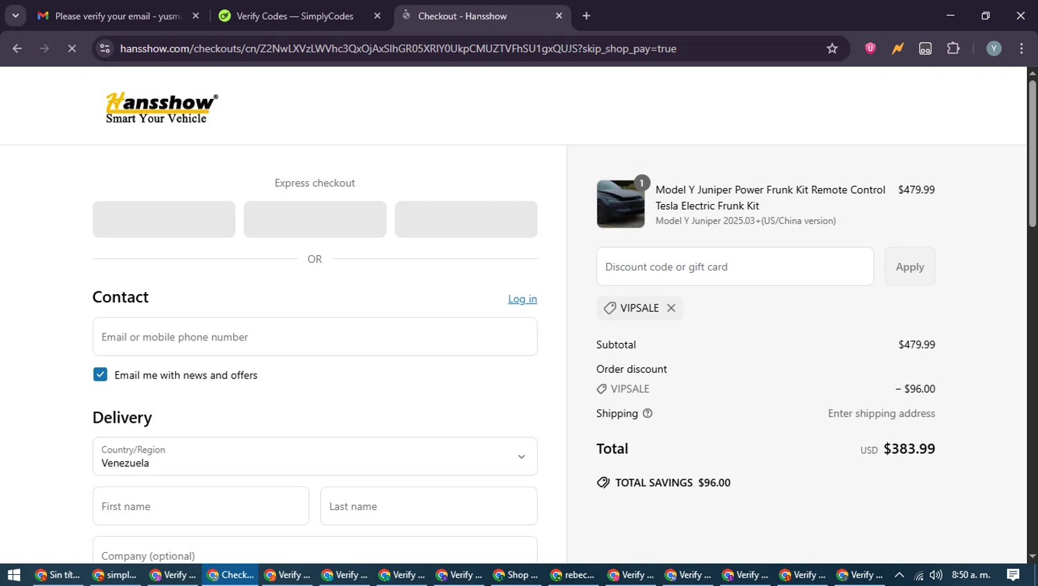 Hansshow Auto Parts promo code screenshot showing code VIPSALE applied at Hansshow Auto Parts checkout page. Uploaded by SimplyCodes community member MoneyTiger5162 on Jun 11, 2025