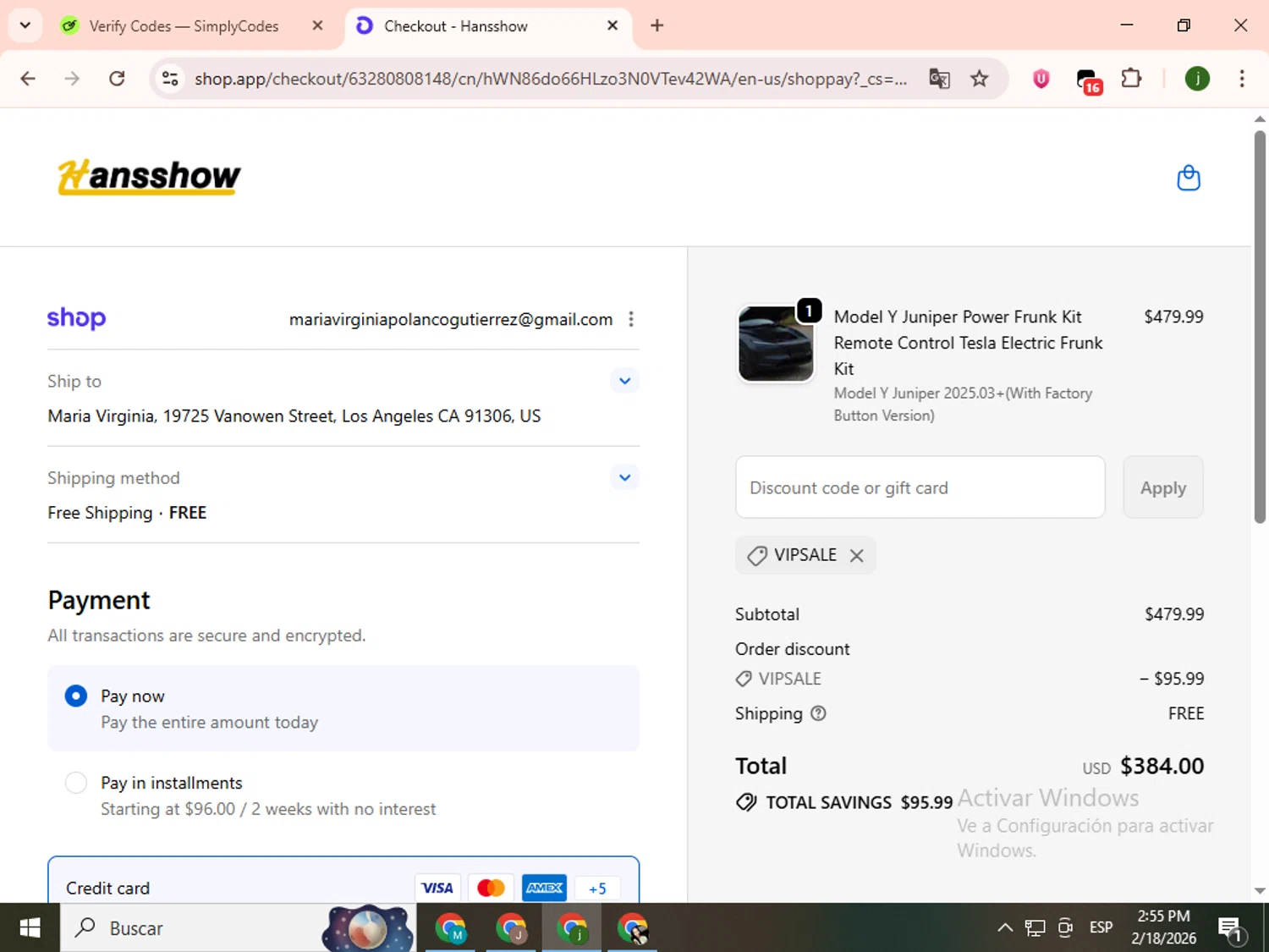 Hansshow Auto Parts promo code screenshot showing code VIPSALE applied at Hansshow Auto Parts checkout page. Uploaded by SimplyCodes community member SavingsCollector2592 on Feb 18, 2026