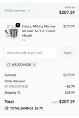 Welcome20 coupon verification screenshot