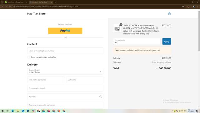 Hao Tian Store checkout page showing Hao Tian Store promo code box | Screenshot taken by SimplyCodes community member on Feb 12, 2025