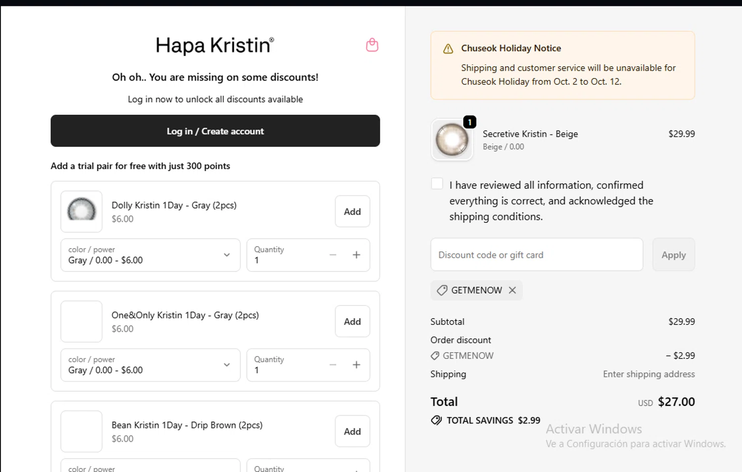 HapaKristin discount code screenshot showing code GETMENOW applied at HapaKristin checkout page. Uploaded by SimplyCodes community member Lestara_23 on Oct 9, 2025