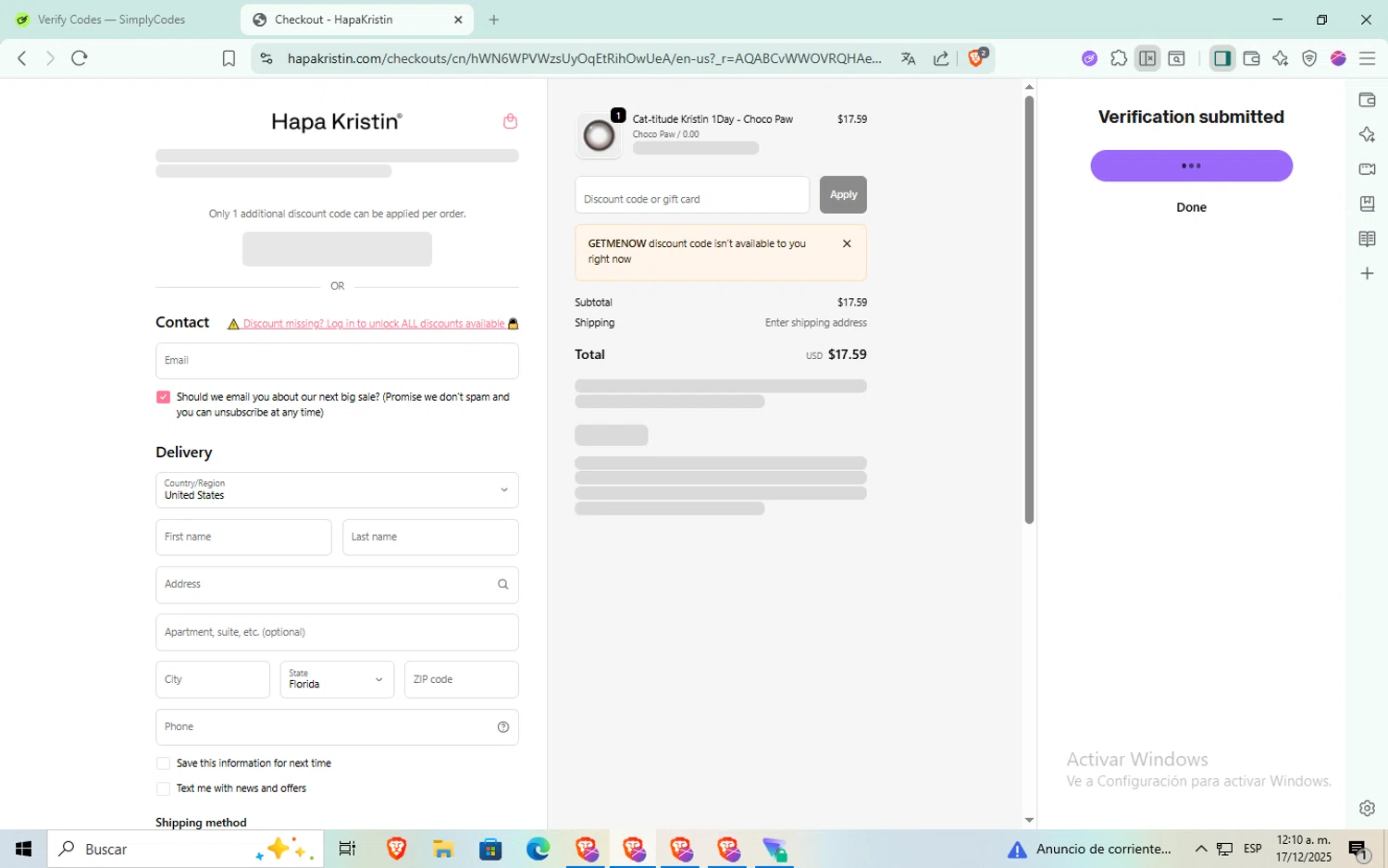 HapaKristin discount code screenshot showing code GETMENOW applied at HapaKristin checkout page. Uploaded by SimplyCodes community member Puta_madre10 on Dec 17, 2025