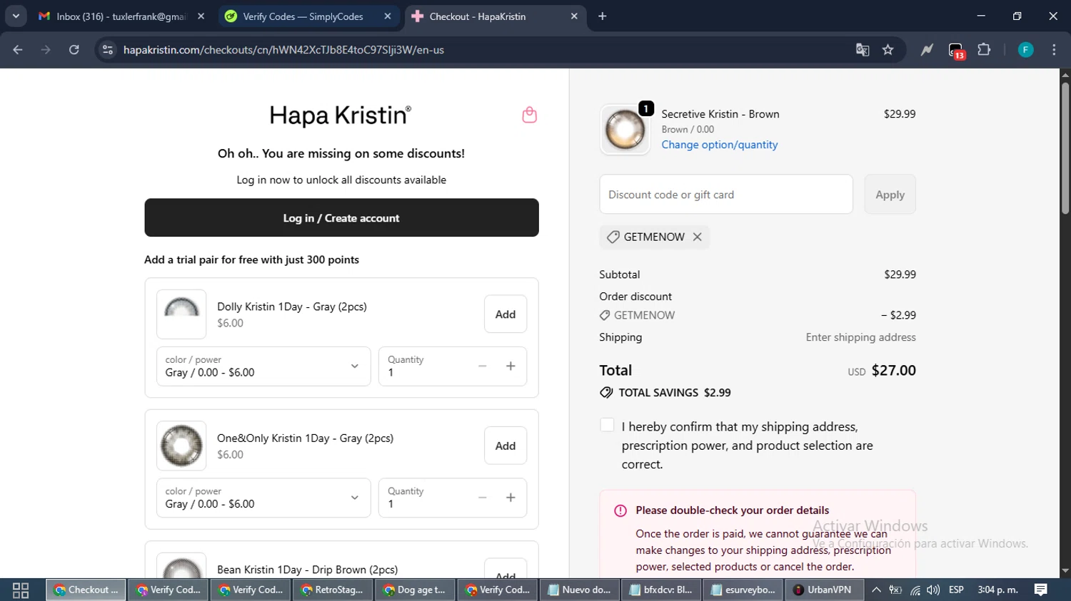 HapaKristin discount code screenshot showing code GETMENOW applied at HapaKristin checkout page. Uploaded by SimplyCodes community member ShrewdTitan3233 on Oct 12, 2025
