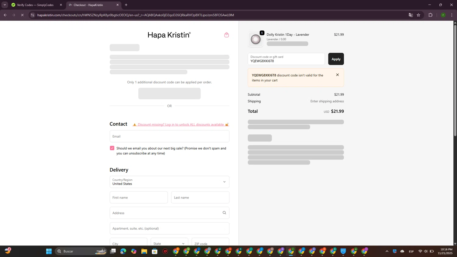 HapaKristin discount code screenshot showing code YQEWG8XKI6T8 applied at HapaKristin checkout page. Uploaded by SimplyCodes community member GoldScout9735 on Nov 22, 2025