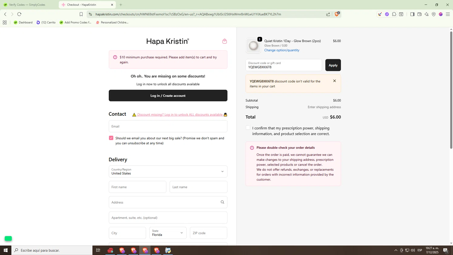 HapaKristin discount code screenshot showing code YQEWG8XKI6T8 applied at HapaKristin checkout page. Uploaded by SimplyCodes community member Raiiii18 on Dec 7, 2025