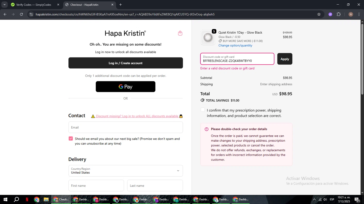 HapaKristin discount code screenshot showing code BFFREELENSCASE-Z2QK48WTBYY0 applied at HapaKristin checkout page. Uploaded by SimplyCodes community member DiscountPioneer2554 on Dec 7, 2025