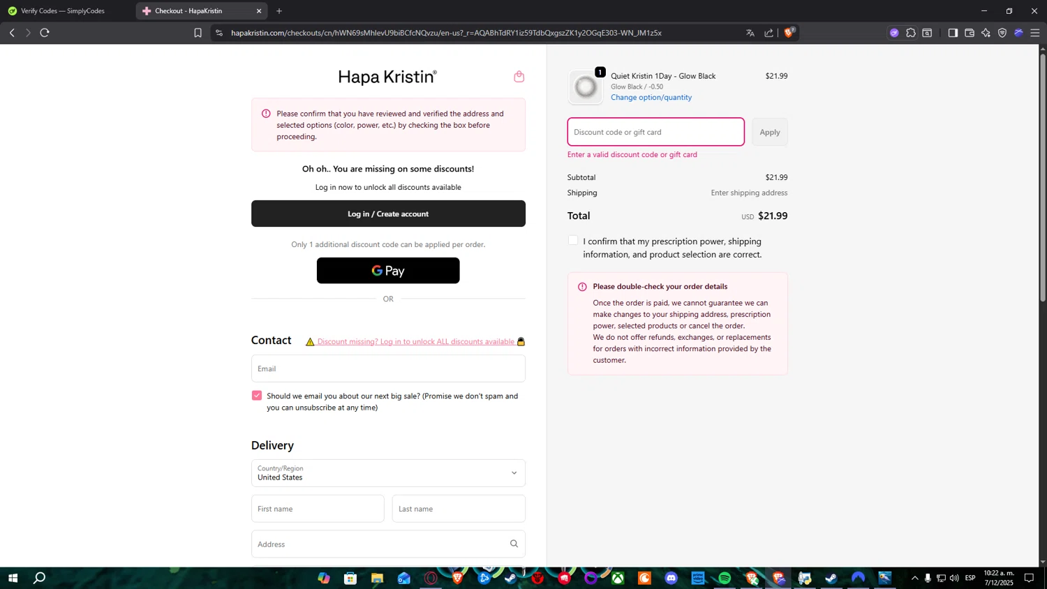 HapaKristin discount code screenshot showing code BFFREELENSCASE-Z2QK48WTBYY0 applied at HapaKristin checkout page. Uploaded by SimplyCodes community member Nekiro on Dec 7, 2025