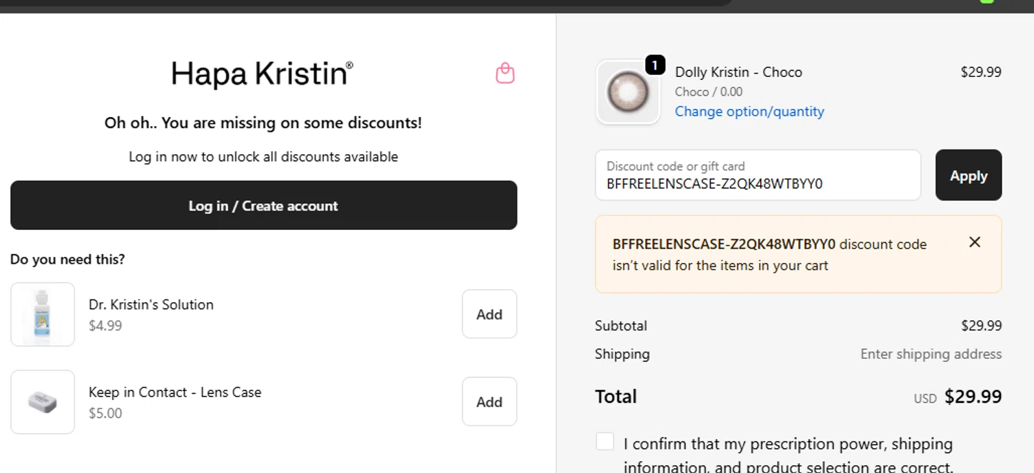 HapaKristin discount code screenshot showing code BFFREELENSCASE-Z2QK48WTBYY0 applied at HapaKristin checkout page. Uploaded by SimplyCodes community member ashe1986 on Nov 26, 2025