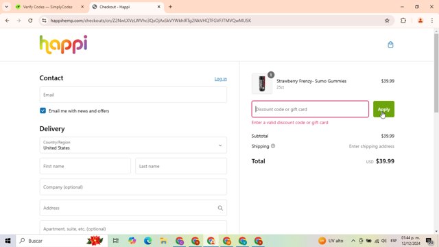 Happi Hemp checkout page showing Happi Hemp discount code box | Screenshot taken by SimplyCodes community member on Dec 12, 2024