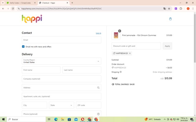 Happi Hemp checkout page showing Happi Hemp discount code box | Screenshot taken by SimplyCodes community member on Sep 24, 2024