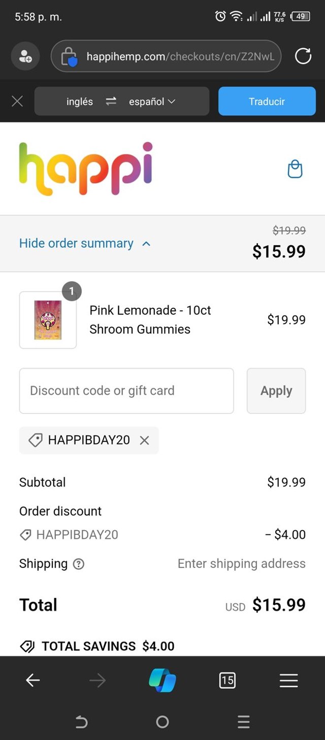 Happi Hemp checkout page showing Happi Hemp discount code box | Screenshot taken by SimplyCodes community member on Sep 30, 2024