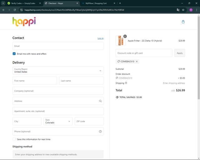 Happi Hemp checkout page showing Happi Hemp discount code box | Screenshot taken by SimplyCodes community member on Oct 10, 2024