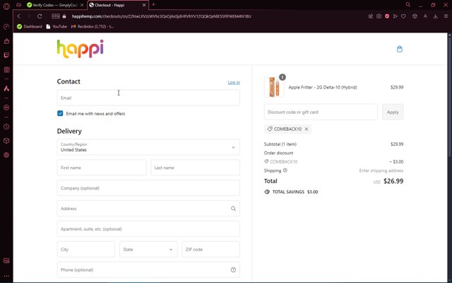 Happi Hemp checkout page showing Happi Hemp discount code box | Screenshot taken by SimplyCodes community member on Sep 11, 2024