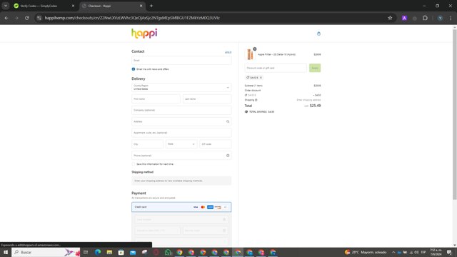 Happi Hemp checkout page showing Happi Hemp discount code box | Screenshot taken by SimplyCodes community member on Sep 7, 2024