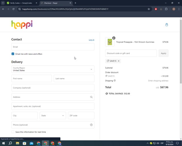 Happi Hemp checkout page showing Happi Hemp discount code box | Screenshot taken by SimplyCodes community member on Oct 9, 2024