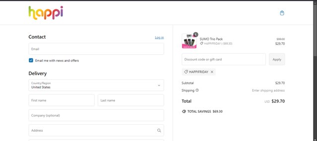 Happi Hemp checkout page showing Happi Hemp discount code box | Screenshot taken by SimplyCodes community member on Nov 27, 2024