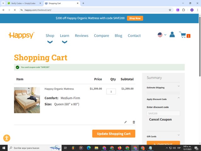 Happsy checkout page showing Happsy discount code box | Screenshot taken by SimplyCodes community member on Jul 15, 2025