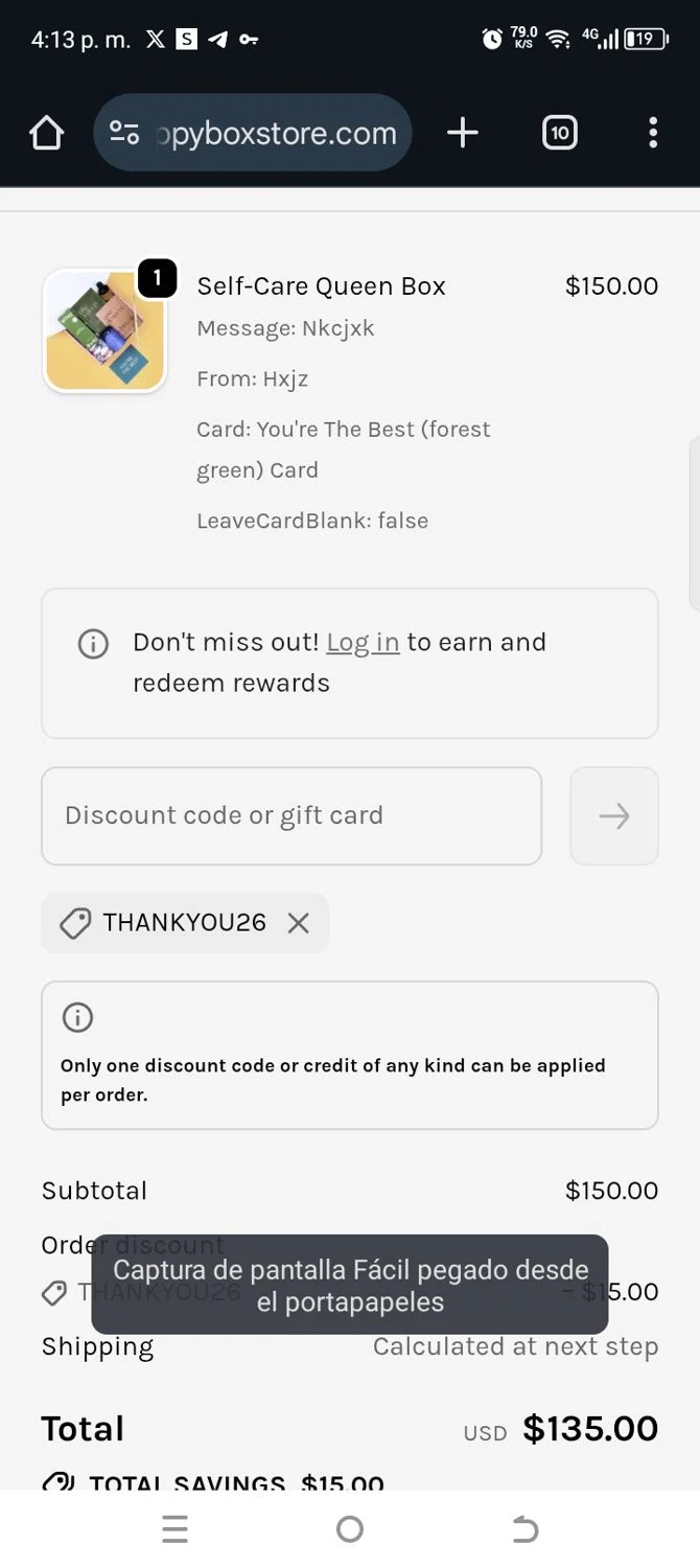 Happy Box promo code screenshot showing code THANKYOU26 applied at Happy Box checkout page. Uploaded by SimplyCodes community member kellymoreno on Jan 11, 2026