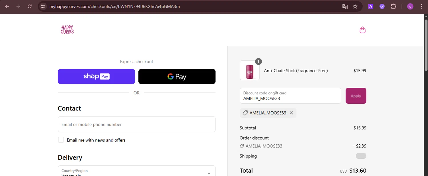 Happy Curves promo code screenshot showing code AMELIA_MOOSE33 applied at Happy Curves checkout page. Uploaded by SimplyCodes community member PennyTiger4891 on Aug 3, 2025