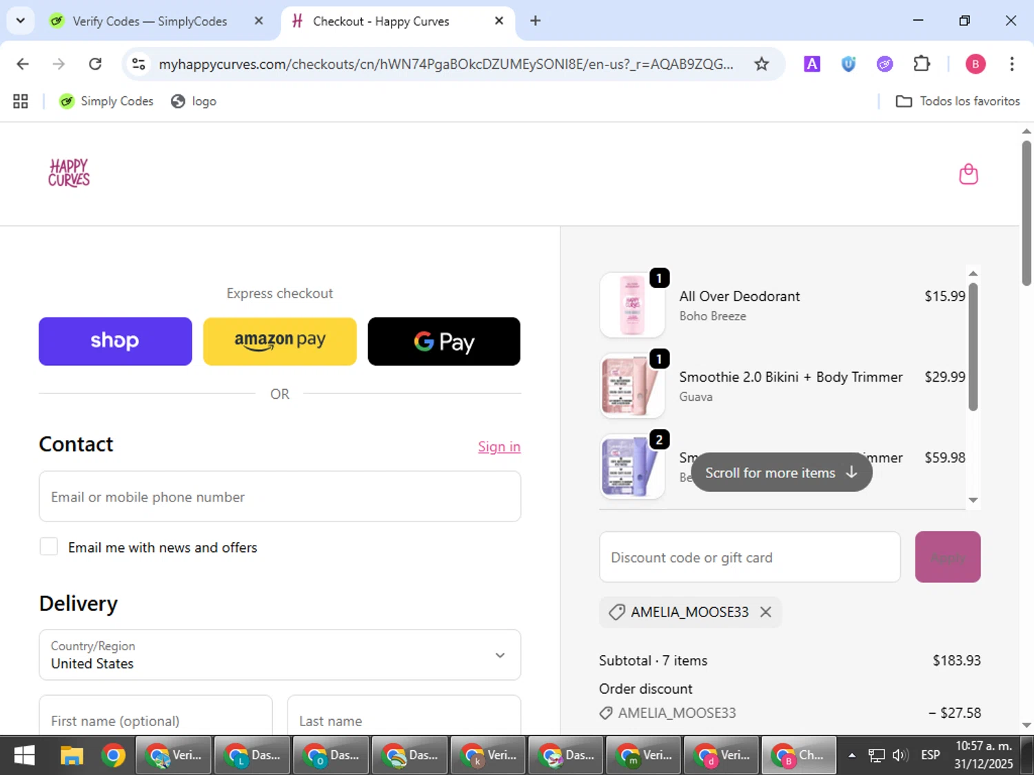 Happy Curves promo code screenshot showing code AMELIA_MOOSE33 applied at Happy Curves checkout page. Uploaded by SimplyCodes community member bombontropical on Dec 31, 2025