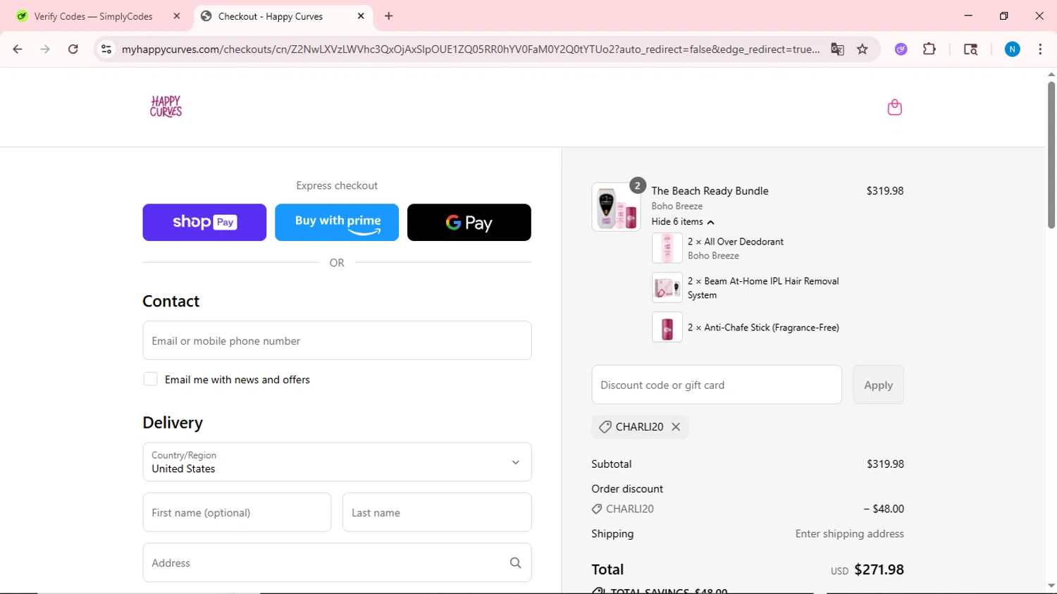 Happy Curves promo code screenshot showing code CHARLI20 applied at Happy Curves checkout page. Uploaded by SimplyCodes community member QuestOwl6398 on Jul 8, 2025