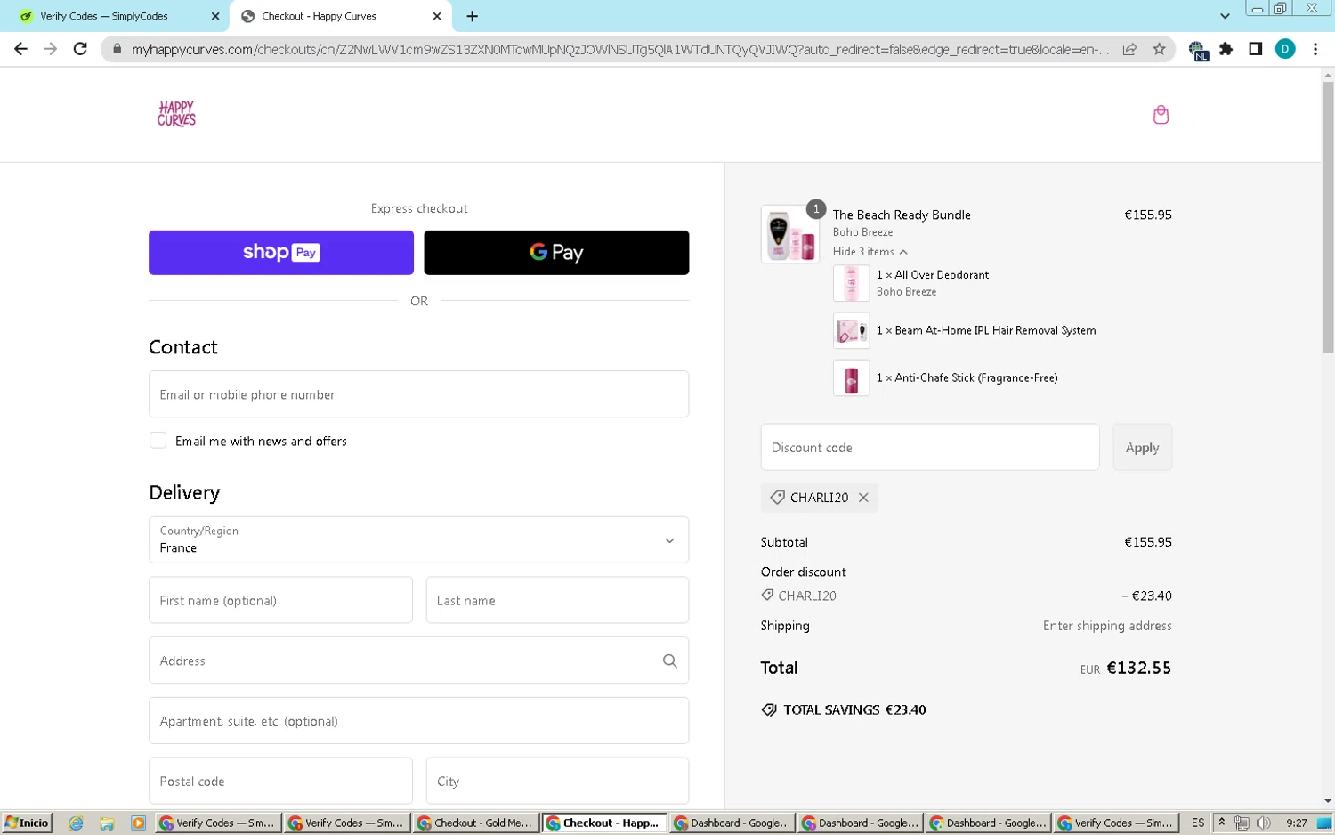 Happy Curves promo code screenshot showing code CHARLI20 applied at Happy Curves checkout page. Uploaded by SimplyCodes community member BonusPilot3825 on Feb 18, 2025