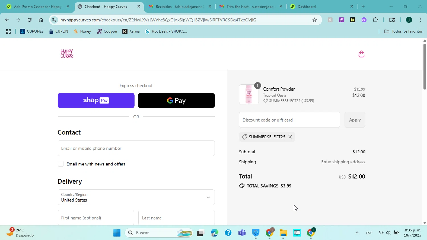 Happy Curves promo code screenshot showing code SUMMERSELECT25 applied at Happy Curves checkout page. Uploaded by SimplyCodes community member jorgejavierherrera on Jul 11, 2025