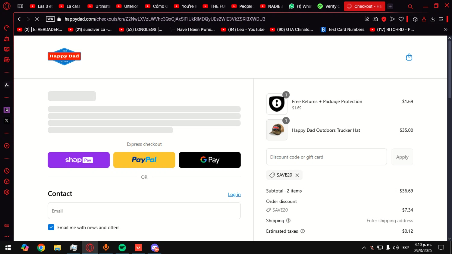 Happy Dad discount code screenshot showing code SAVE20 applied at Happy Dad checkout page. Uploaded by SimplyCodes community member Anteserachido on Mar 29, 2025