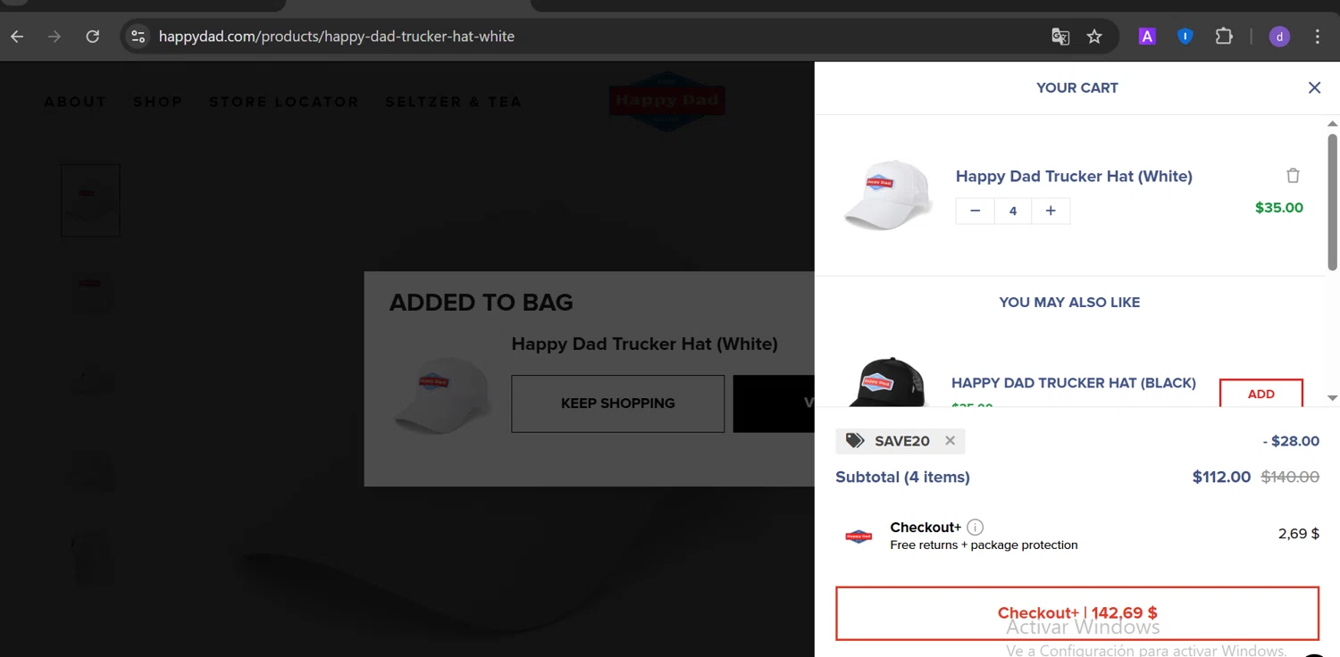 Happy Dad discount code screenshot showing code SAVE20 applied at Happy Dad checkout page. Uploaded by SimplyCodes community member CoinOwl5103 on Mar 29, 2025