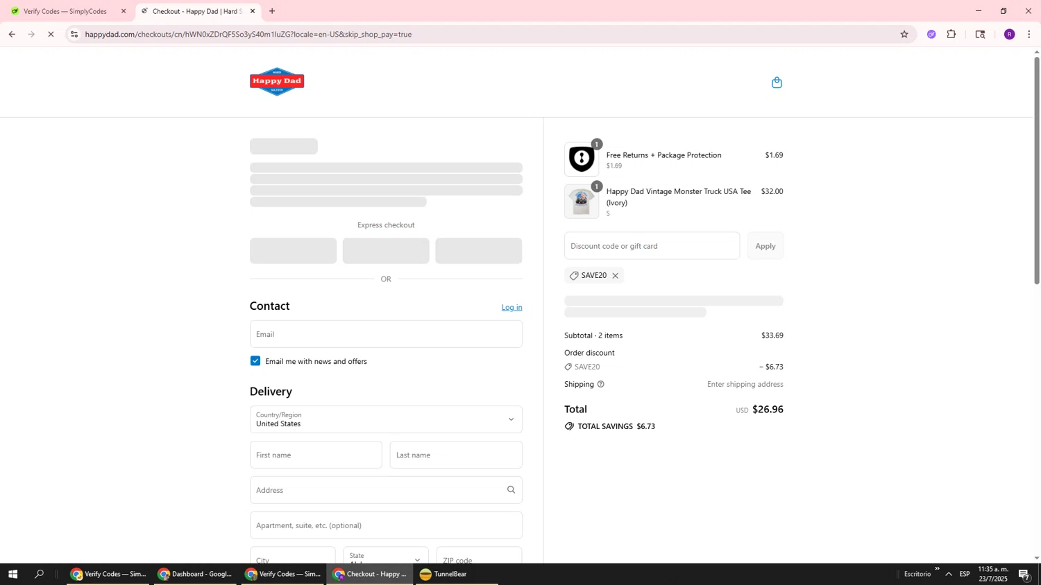 Happy Dad discount code screenshot showing code SAVE20 applied at Happy Dad checkout page. Uploaded by SimplyCodes community member ukemochi on Jul 23, 2025