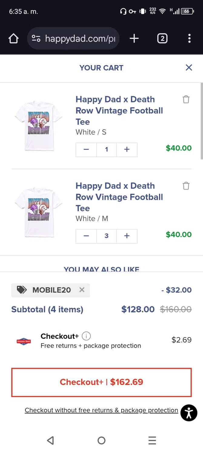 Happy Dad discount code screenshot showing code MOBILE20 applied at Happy Dad checkout page. Uploaded by SimplyCodes community member Vanmanuel on Feb 17, 2025