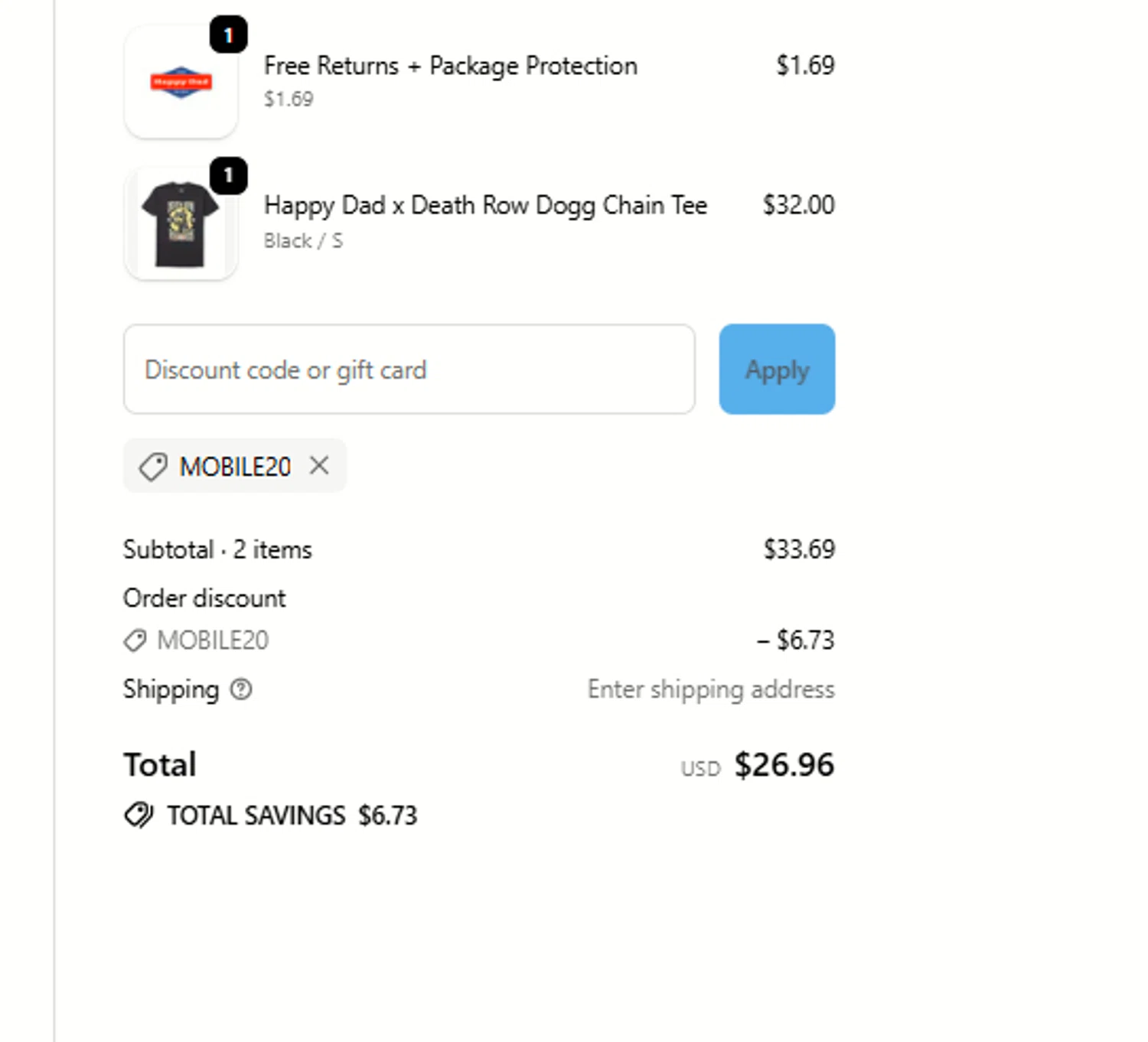 Happy Dad discount code screenshot showing code MOBILE20 applied at Happy Dad checkout page. Uploaded by SimplyCodes community member a2d2c2d211 on Dec 11, 2025