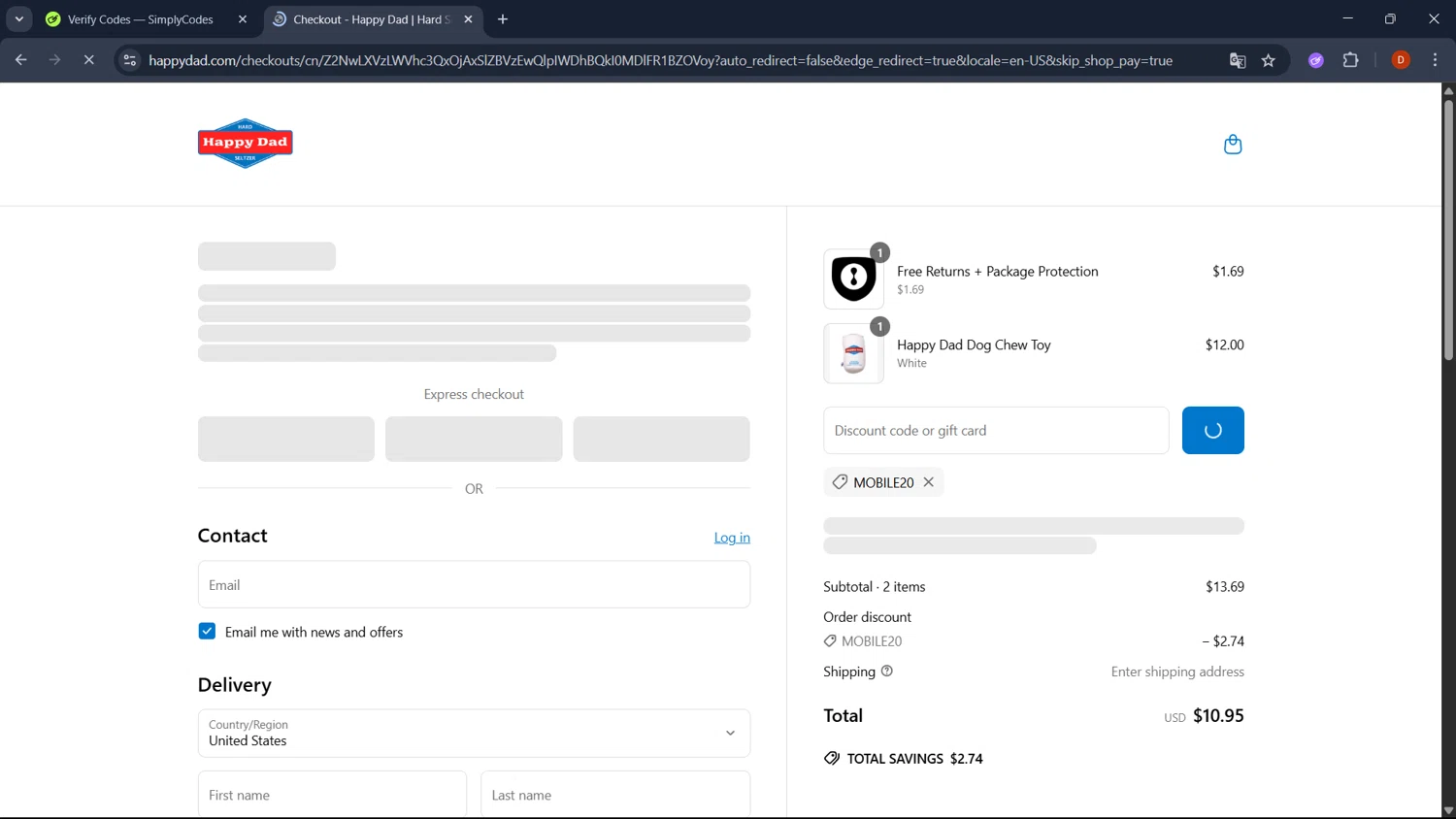 Happy Dad discount code screenshot showing code MOBILE20 applied at Happy Dad checkout page. Uploaded by SimplyCodes community member RoyalSaver3150 on May 15, 2025
