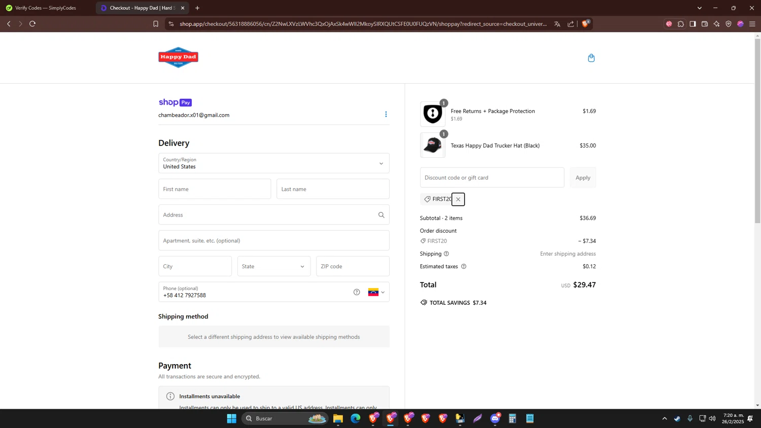 Happy Dad discount code screenshot showing code FIRST20 applied at Happy Dad checkout page. Uploaded by SimplyCodes community member papa01 on Feb 26, 2025