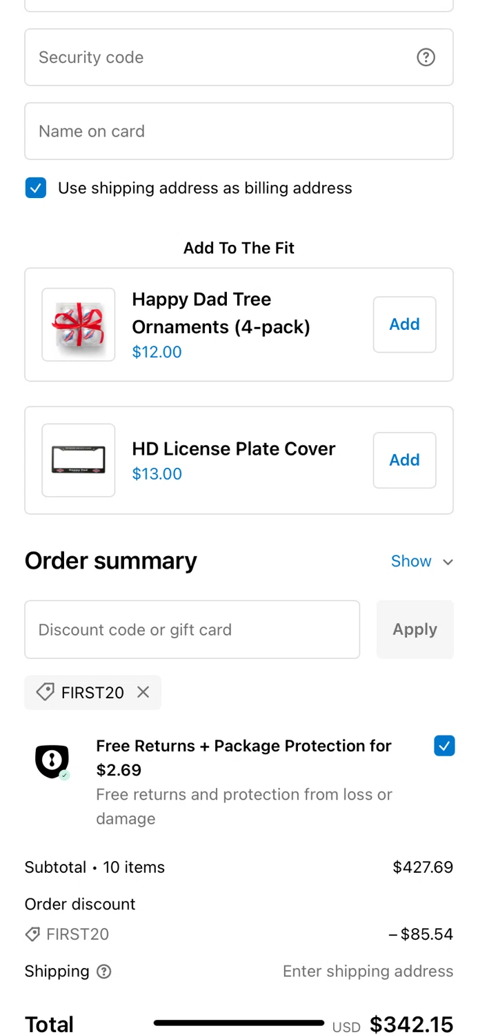 Happy Dad discount code screenshot showing code FIRST20 applied at Happy Dad checkout page. Uploaded by SimplyCodes community member DiscountCurator2907 on Jan 28, 2025
