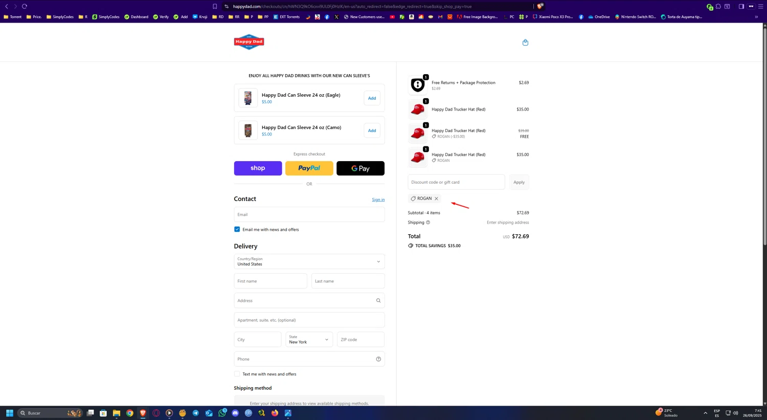 Happy Dad discount code screenshot showing code ROGAN applied at Happy Dad checkout page. Uploaded by SimplyCodes community member UnkNownVnzla on Sep 26, 2025