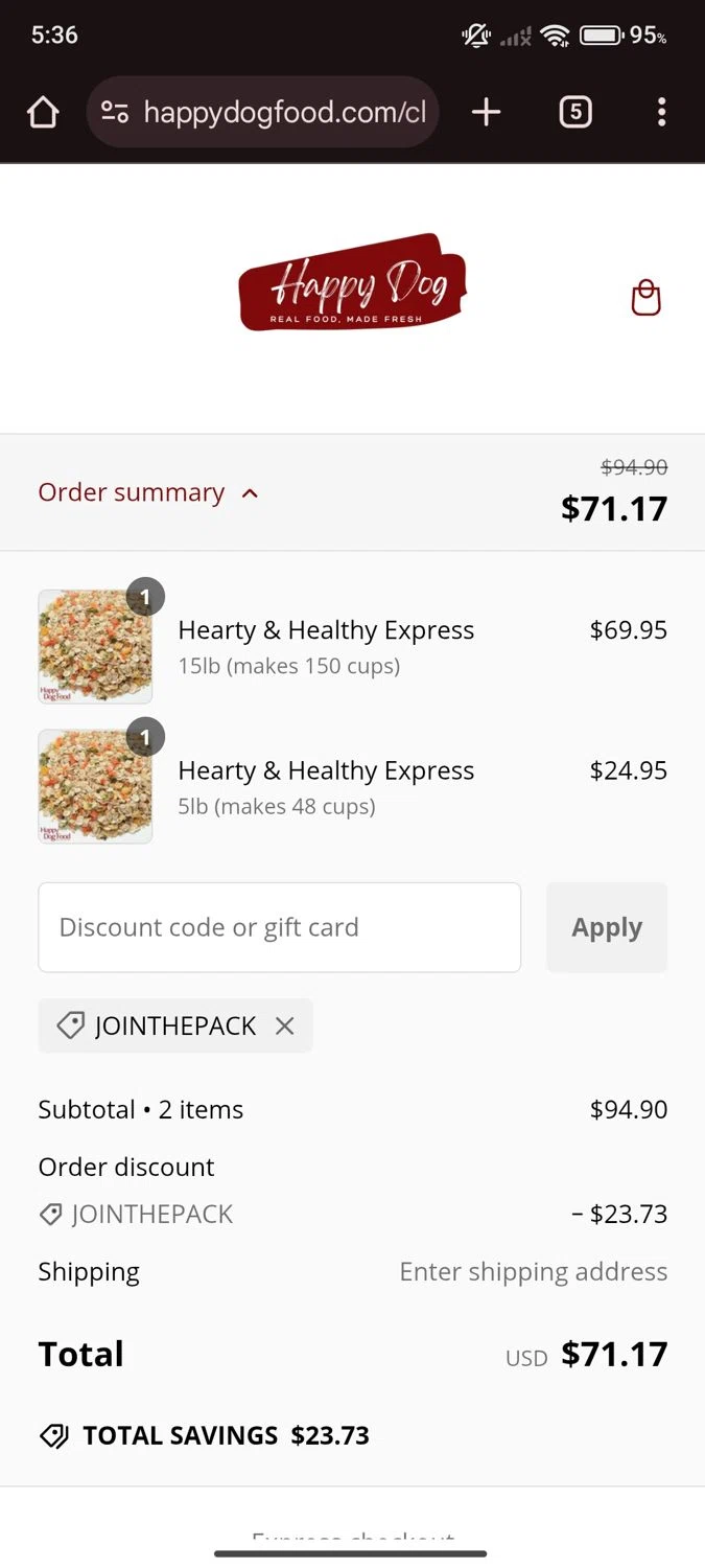 Happy Dog Food promo code screenshot showing code jointhepack applied at Happy Dog Food checkout page. Uploaded by SimplyCodes community member Manguito_Chambeador on Jan 16, 2025