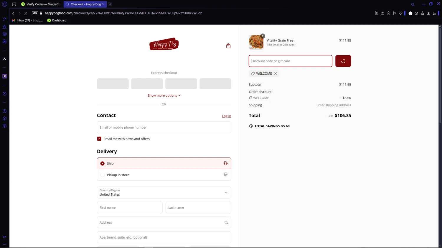 Happy Dog Food promo code screenshot showing code WELCOME applied at Happy Dog Food checkout page. Uploaded by SimplyCodes community member VictoriousCaptain3902 on Apr 3, 2025